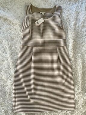 Banana Republic Striped Beige & White Sleeveless Sheath Dress